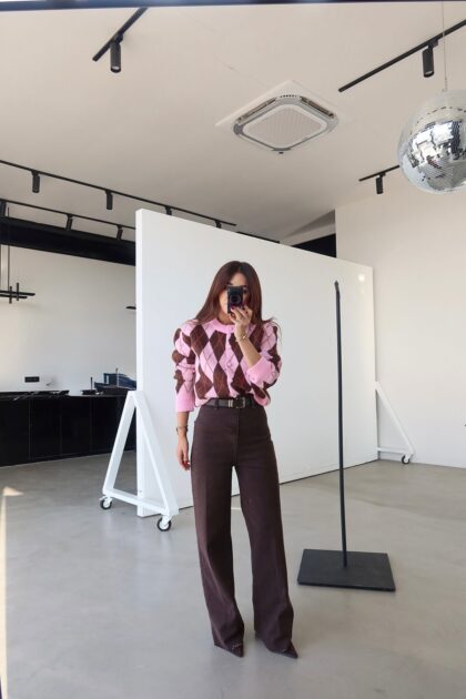 Wide leg jeans avec ceinture - marron